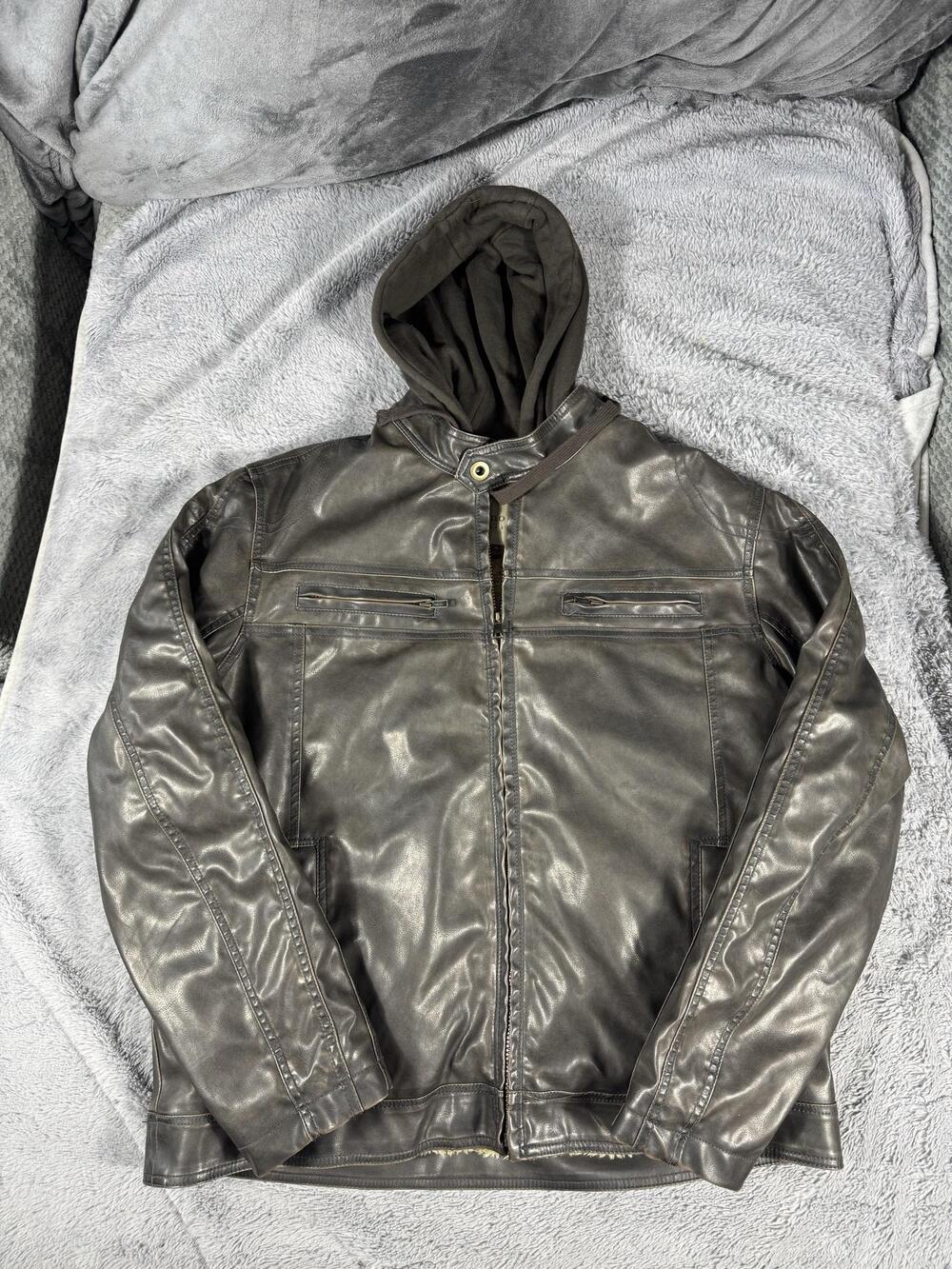 Sonoma Jacket Mens XL Gray Faux Leather Hooded Sherpa Lined Motorcycle Full Zip